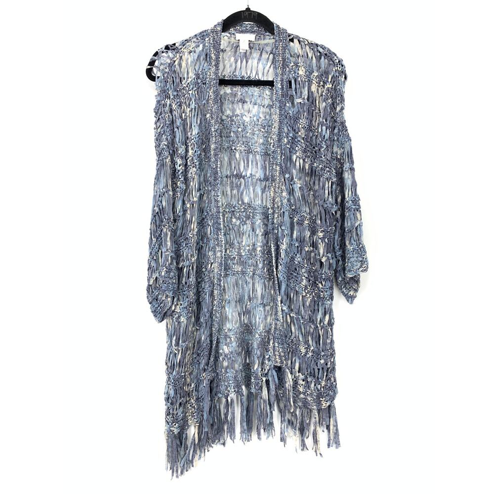 Chico's Sweater Womens 2 L Blue Open Front Lattice Knit Tassel Fringe Space Dyed